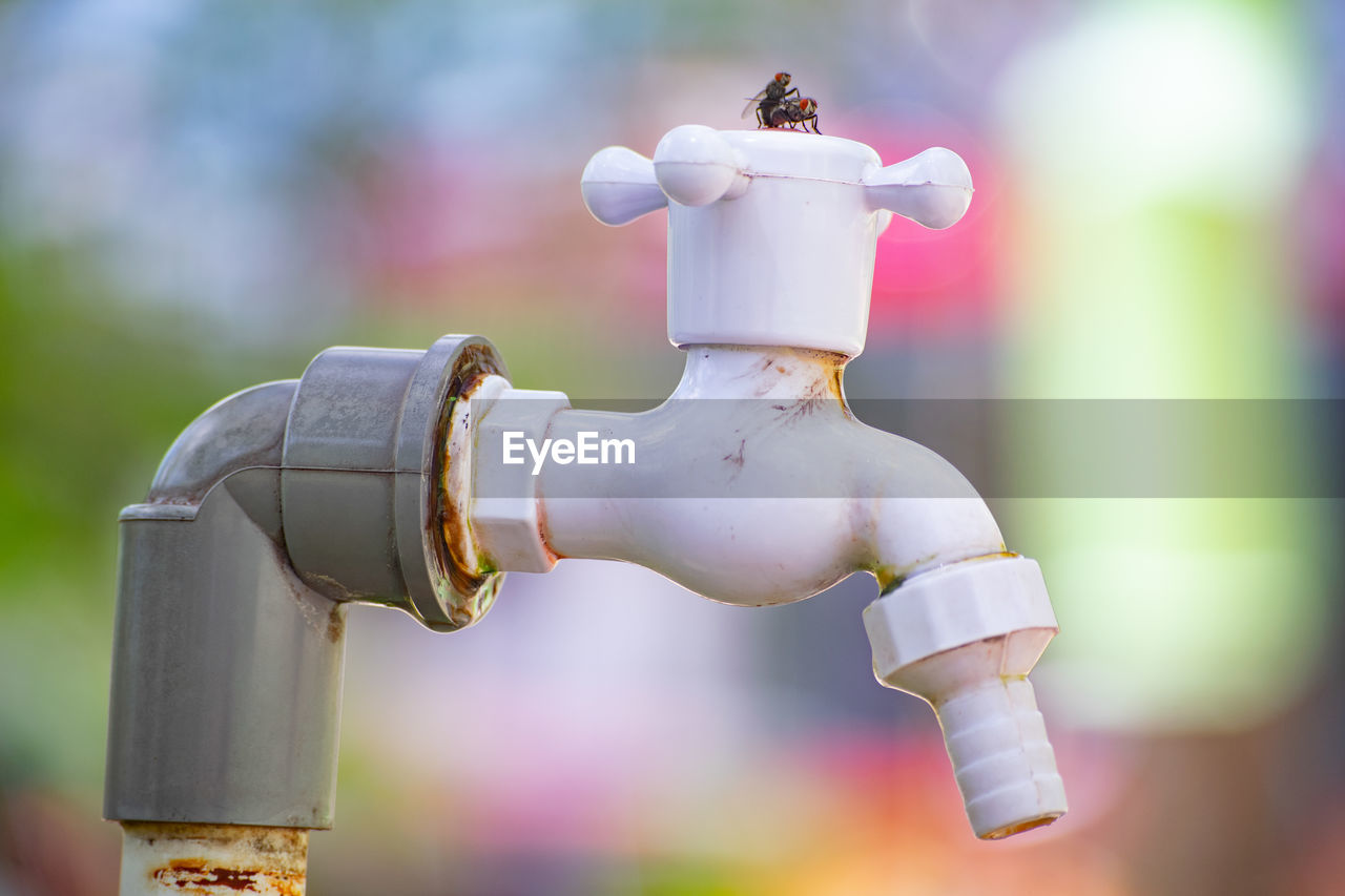 CLOSE-UP OF FAUCET AGAINST WHITE WALL