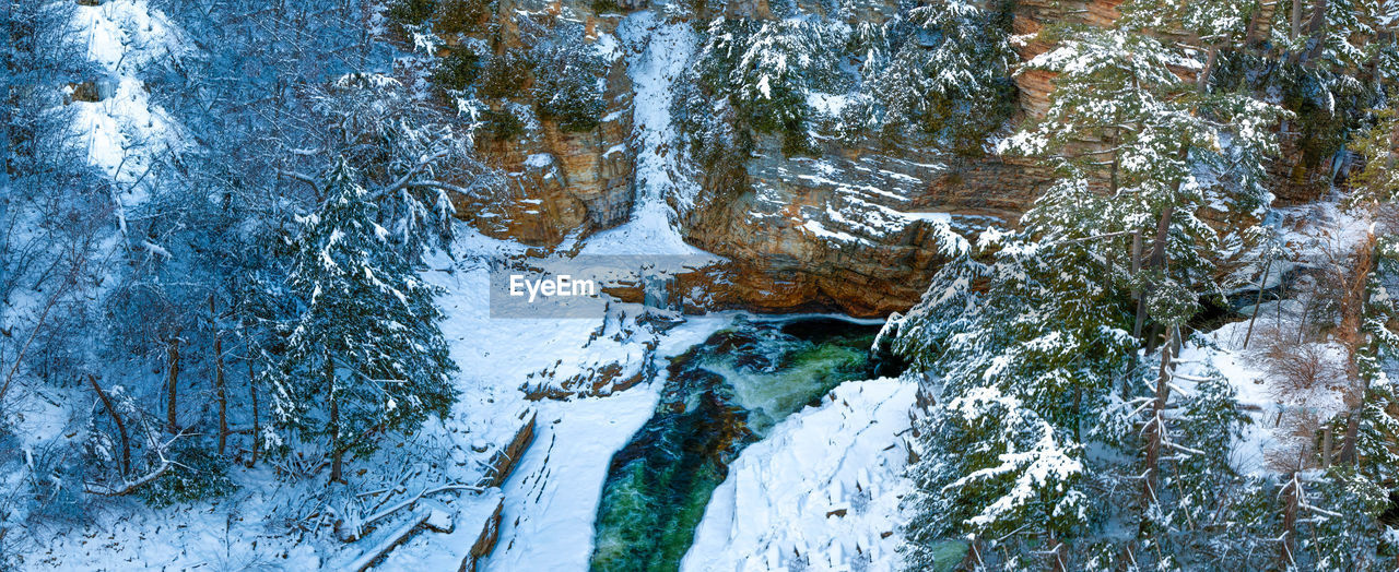 Panoramic view of a river at the bottom of a ravine in winter Panoramic View Panoramic Landscape Panoramic Photography Panoramic Panorama View Panorama River Winter Ausable Chasm Ravine