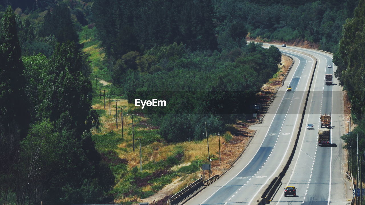 High angle view of vehicles on road amidst trees in forest