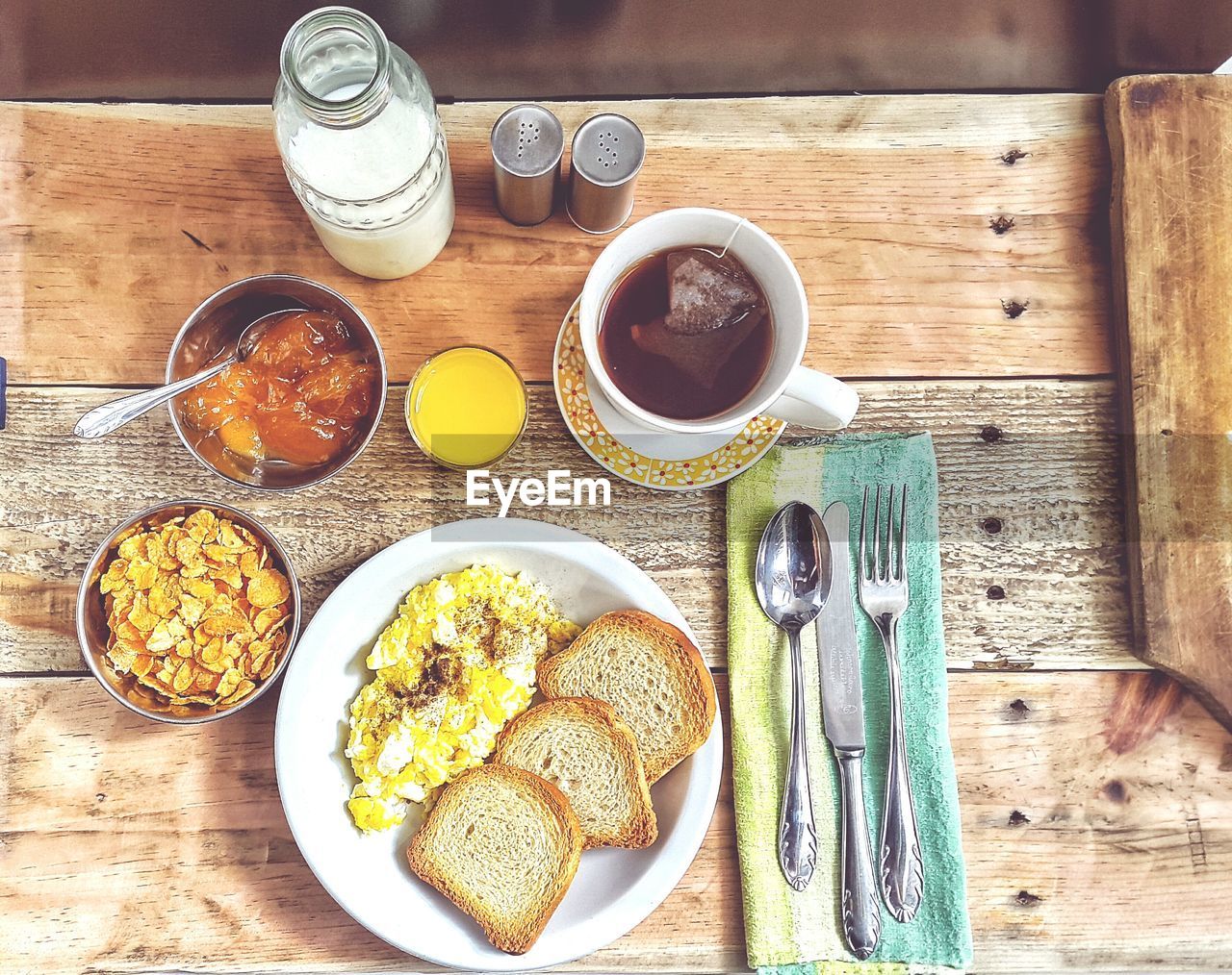 Directly above shot of breakfast on wooden table