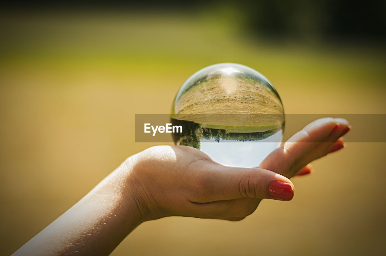 Cropped image of woman holding crystal ball on field