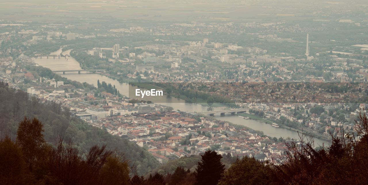 High angle view of townscape and trees in city