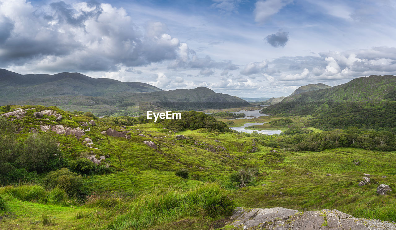 Panorama with irish iconic viewpoint, ladies view and lakes of killarney, rink of kerry, ireland