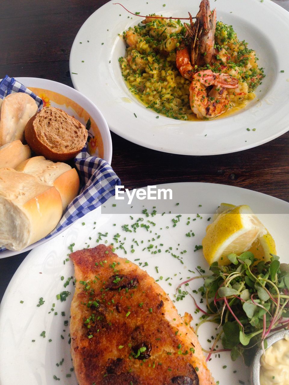 High angle view of seafood served on table