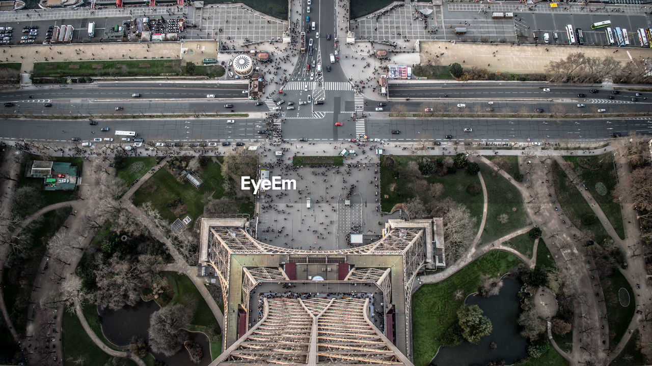 High angle view of city street seen through eiffel tower