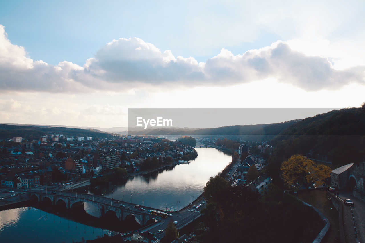 High angle view of river against sky in city