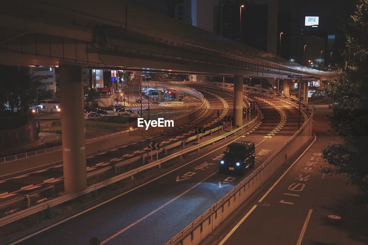 High angle view of traffic on road at night