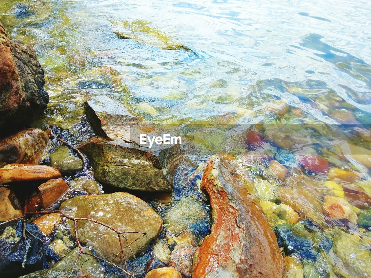 HIGH ANGLE VIEW OF WATER FLOWING ON ROCK