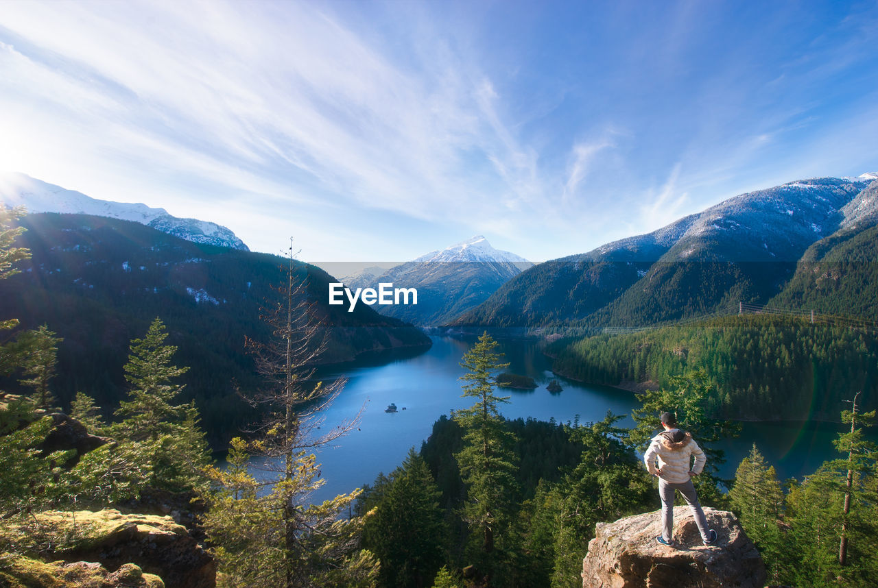 Rear view of man looking at lake and mountains against sky