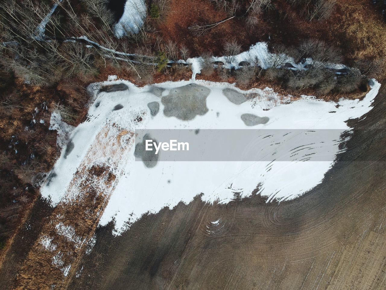 HIGH ANGLE VIEW OF ICE ON LAND