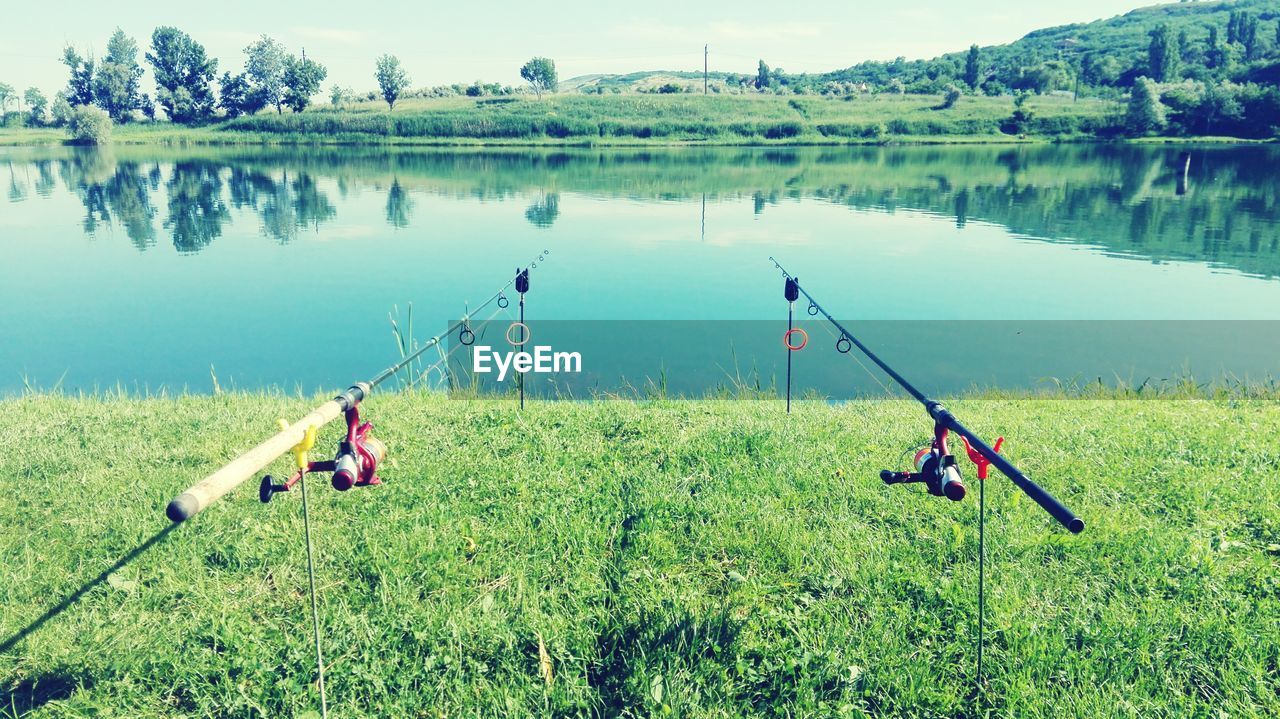 Fishing poles by lake