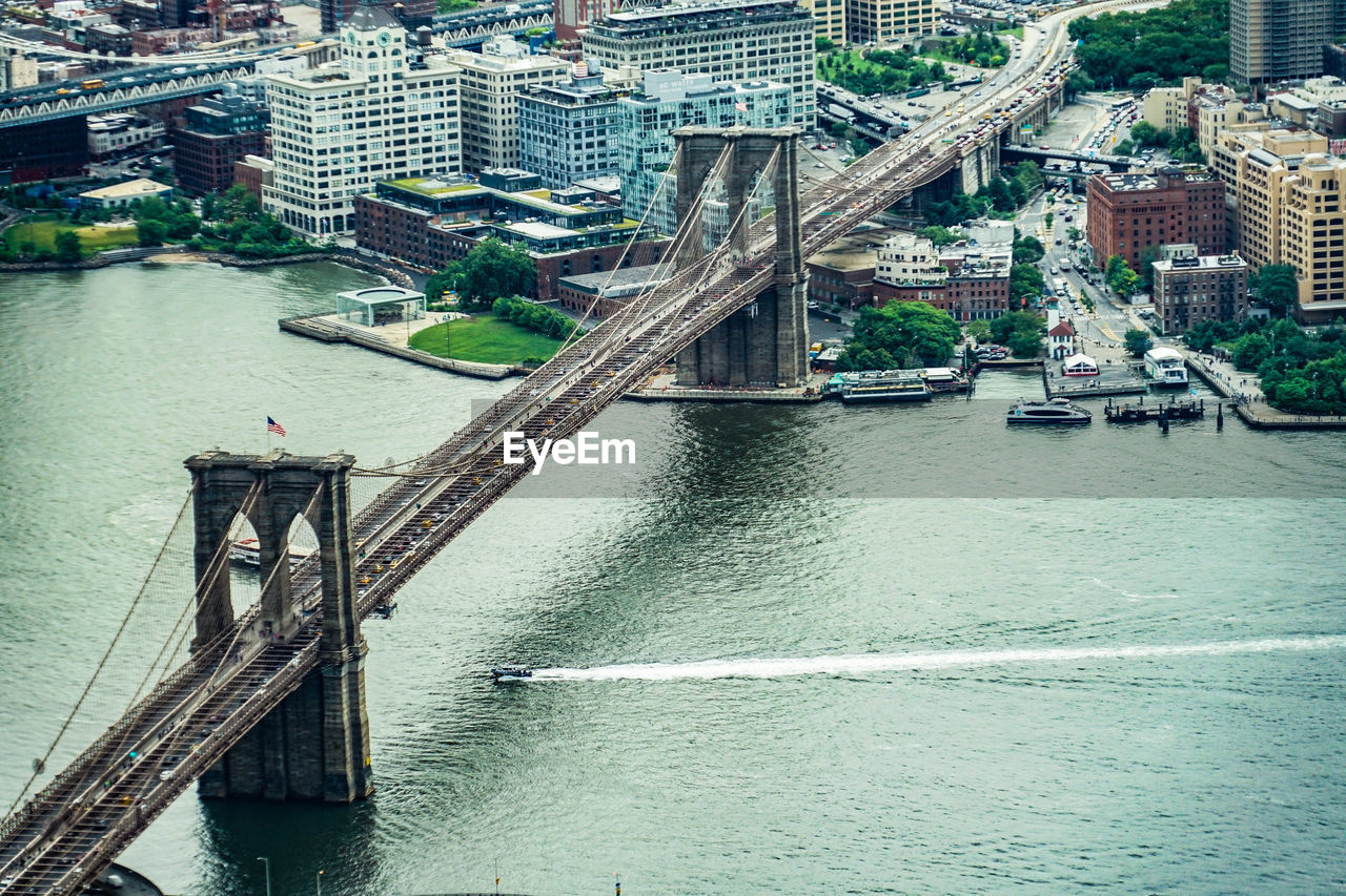 HIGH ANGLE VIEW OF BRIDGE OVER RIVER AGAINST BUILDINGS IN CITY