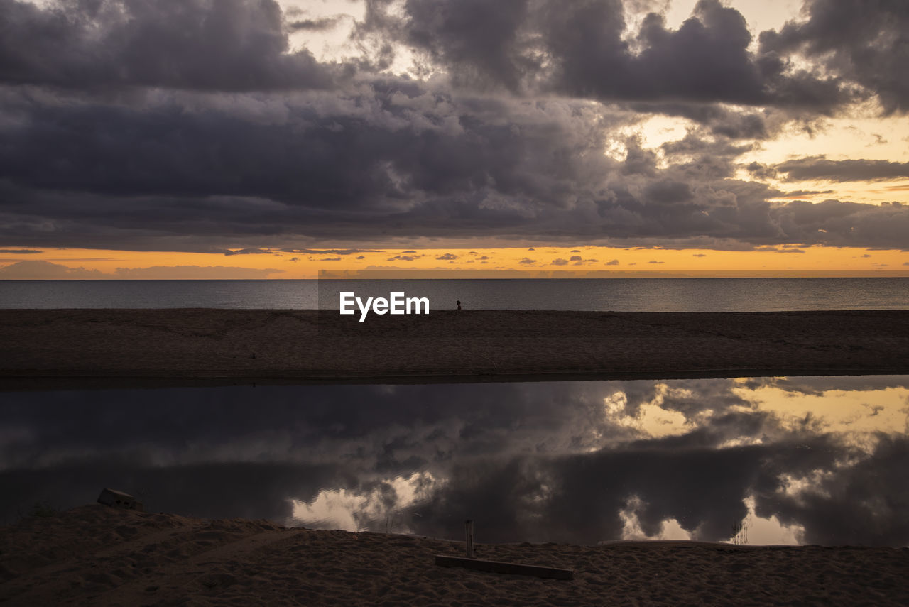 Scenic view of sea against storm clouds