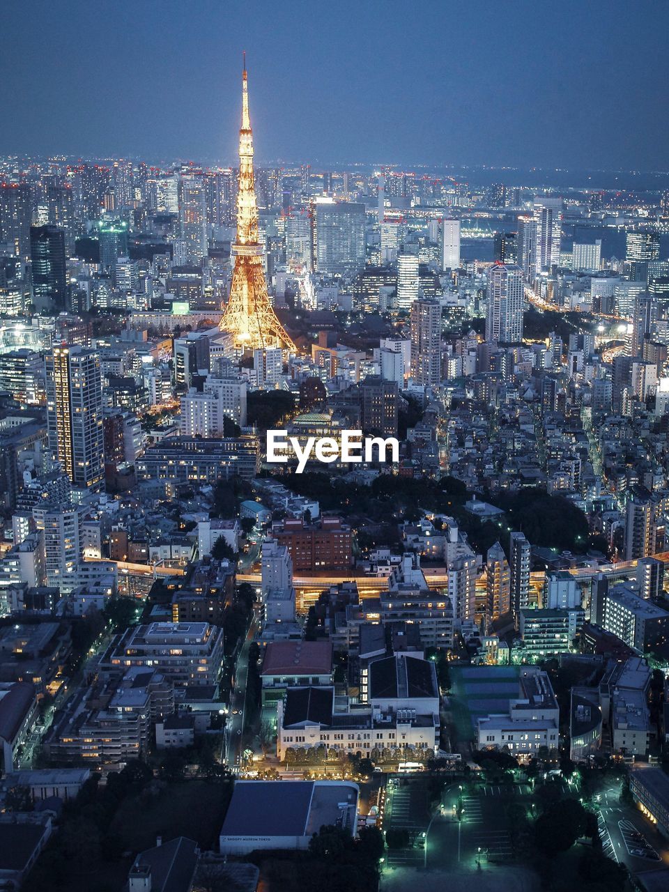 Aerial view of illuminated buildings in city at night