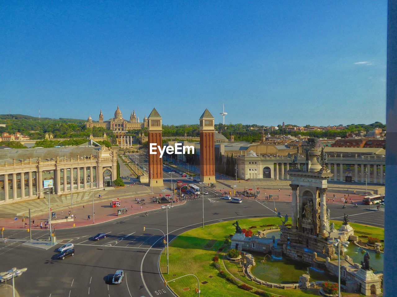 Panoramic view of city against blue sky