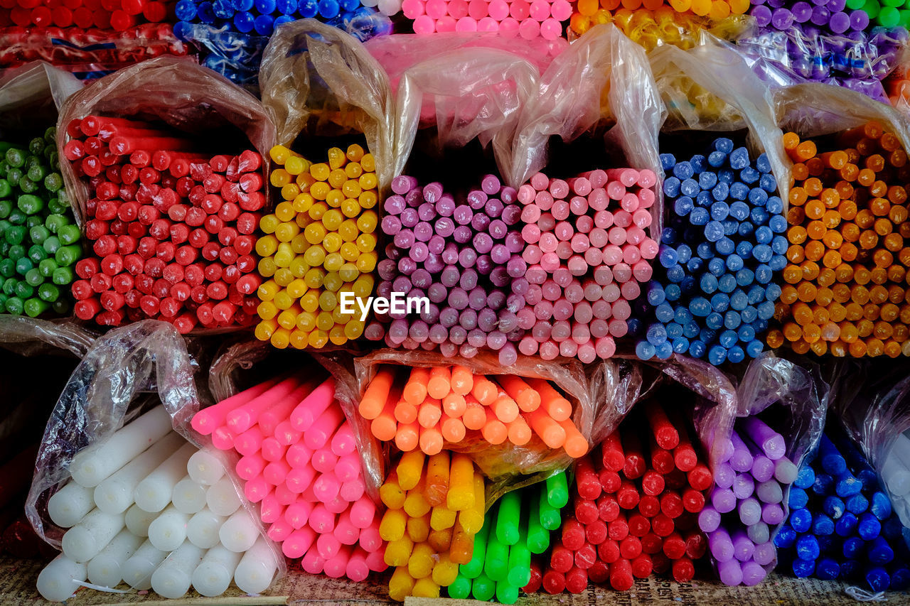 High angle view of colorful candies for sale in shop