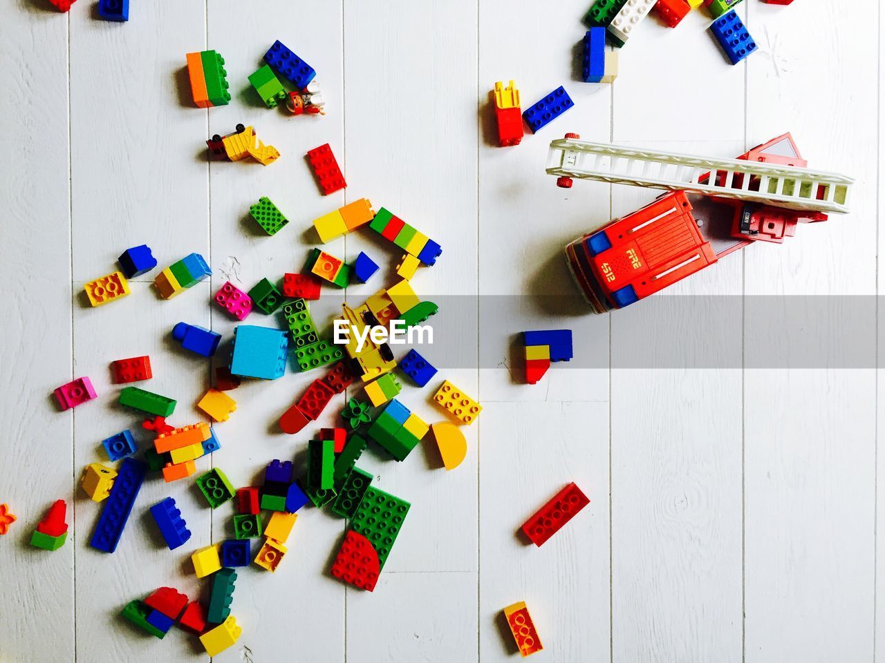 High angle view of colorful toy blocks at home