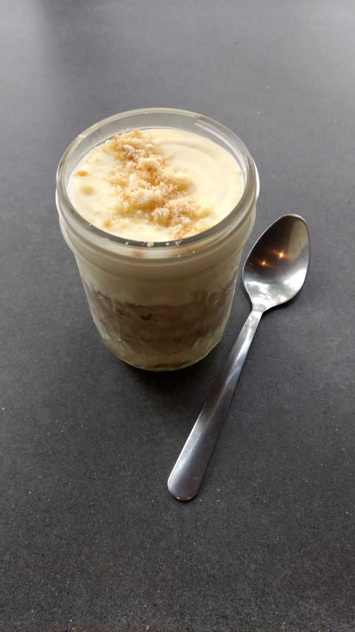 High angle view of dessert on table