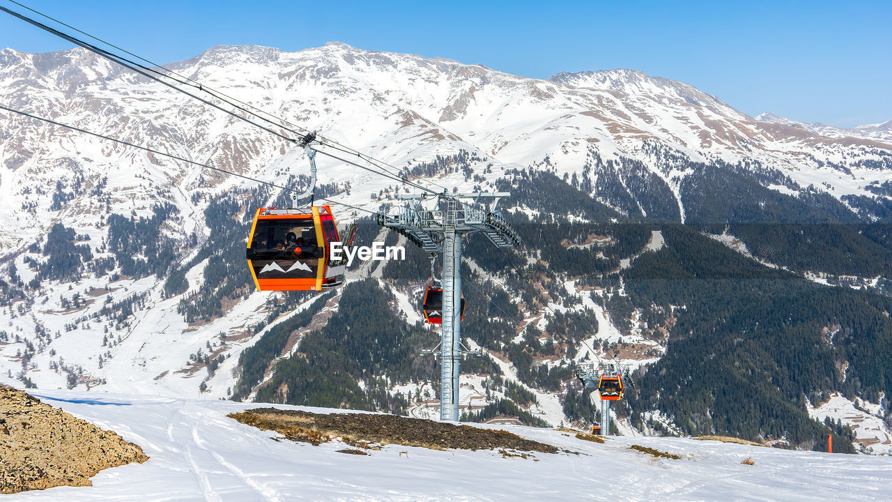 OVERHEAD CABLE CAR ON SNOWCAPPED MOUNTAIN