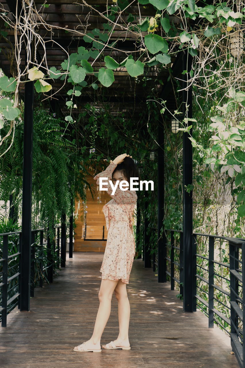 Portrait of woman standing against trees