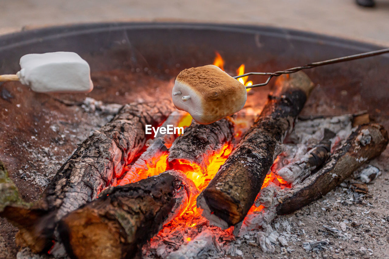 Toasting marshmallows over campfire in the summertime