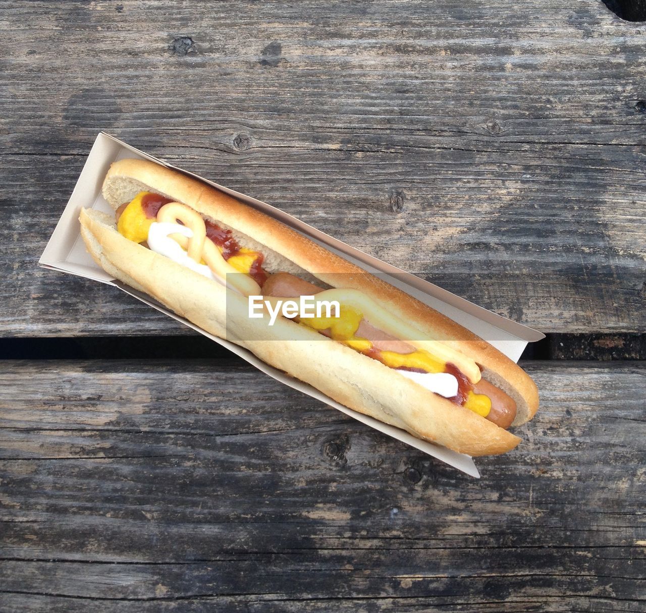 High angle view of hot-dog on table