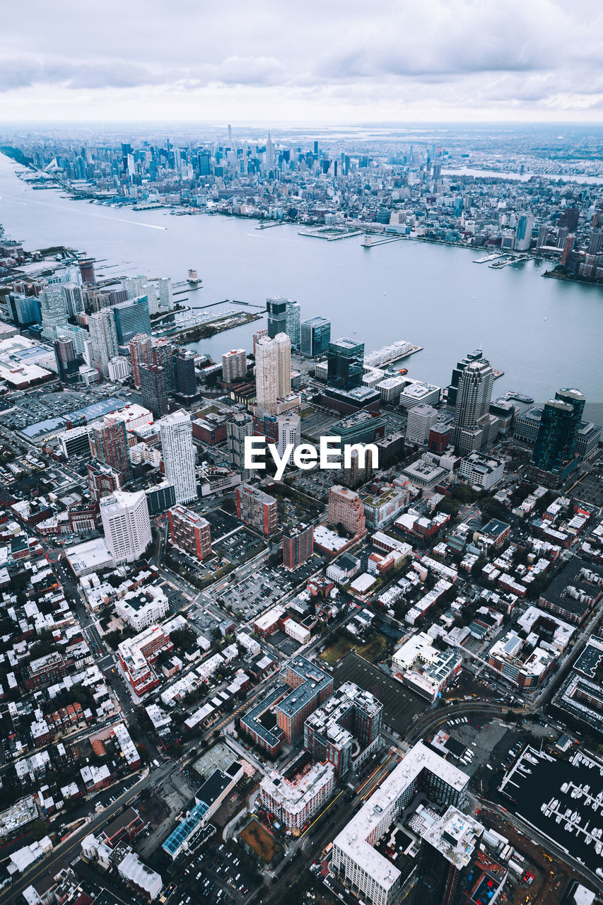 Aerial view of cityscape during sunset