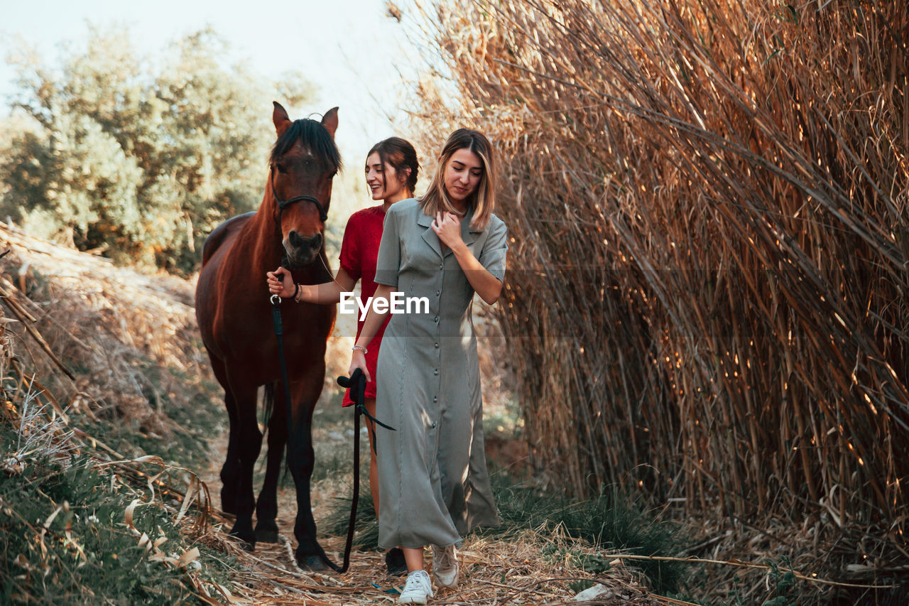 Women with horse in forest