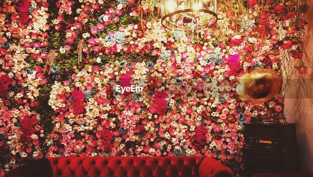 LOW ANGLE VIEW OF FLOWER BOUQUET AGAINST RED FLOWERS