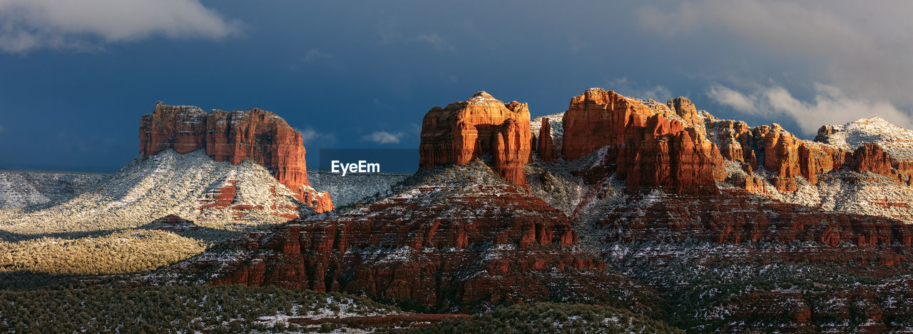 Panoramic view of cathedral rock with snow in sedona, arizona