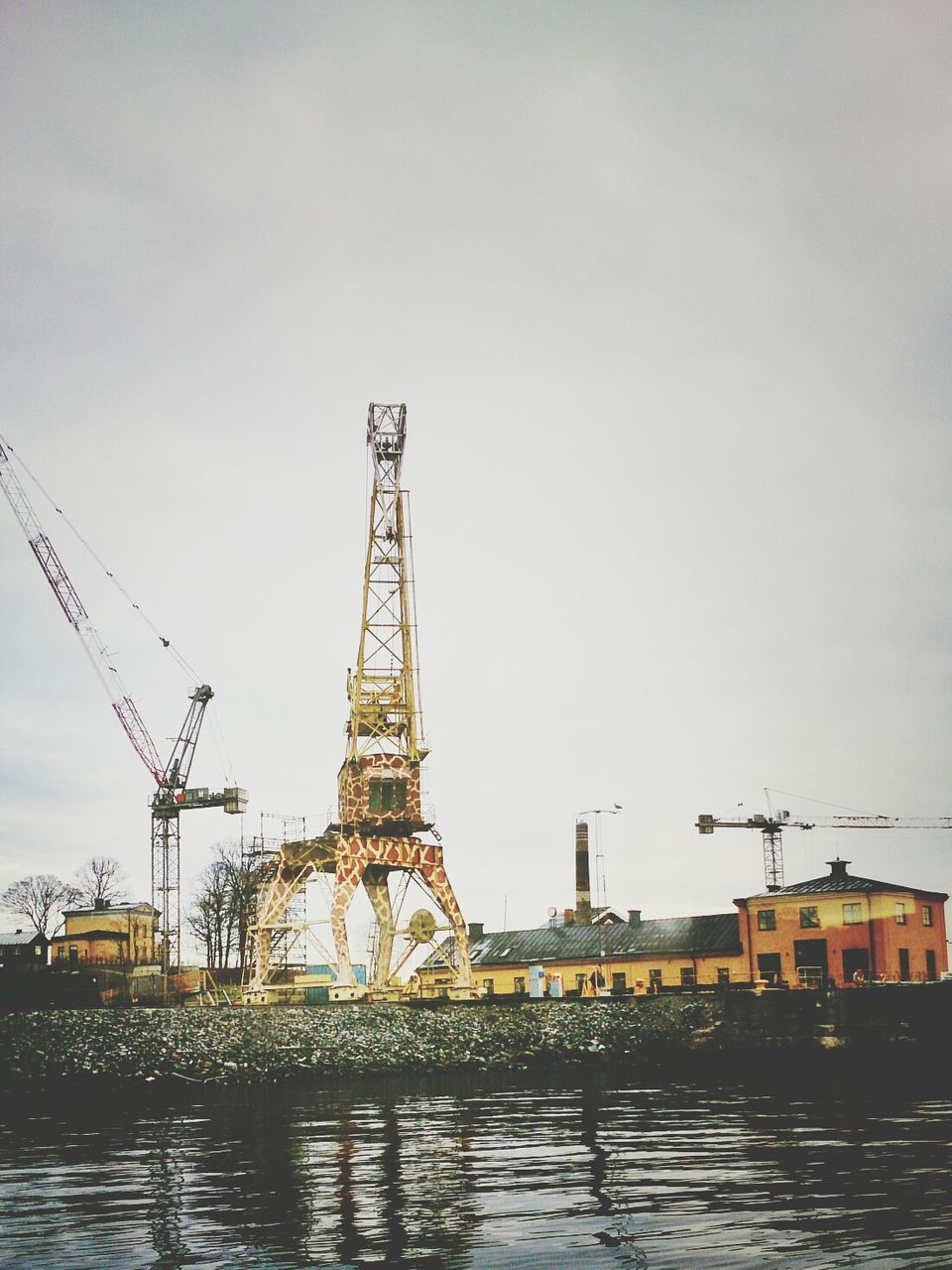 Cranes against sky at dusk