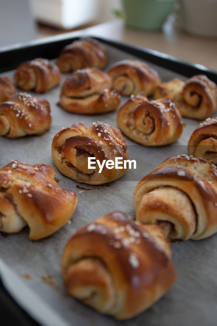 High angle view of fresh baked cinnamon rolls