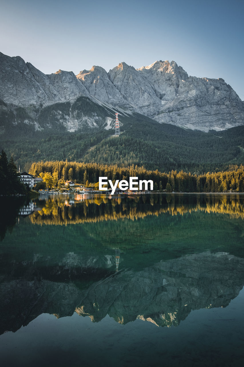 Scenic view of lake by mountains against sky