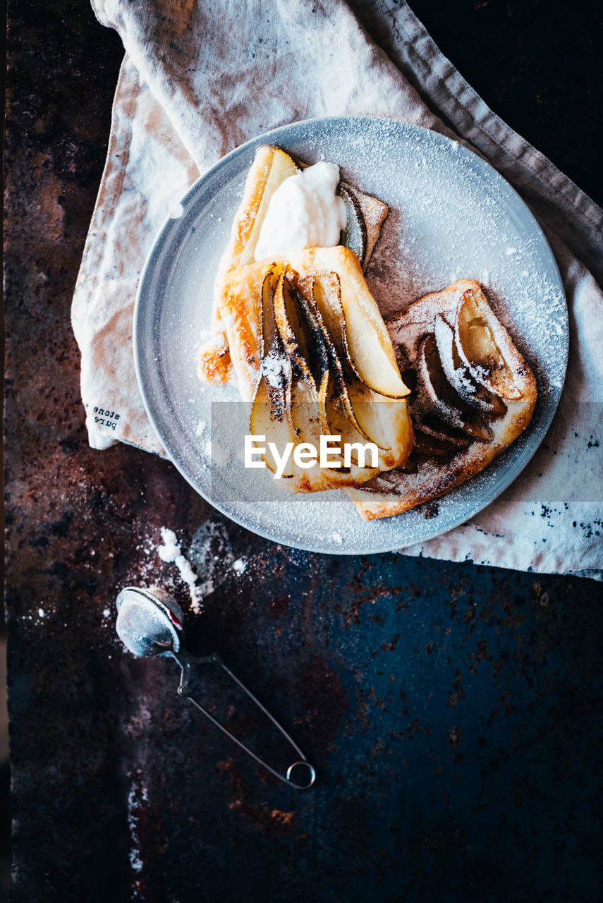 High angle view of breakfast in plate on table