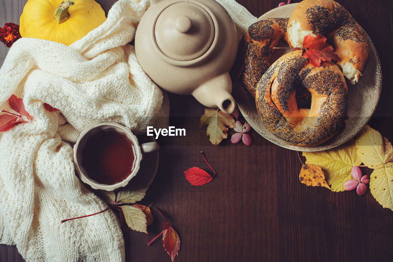 High angle view of breakfast on table