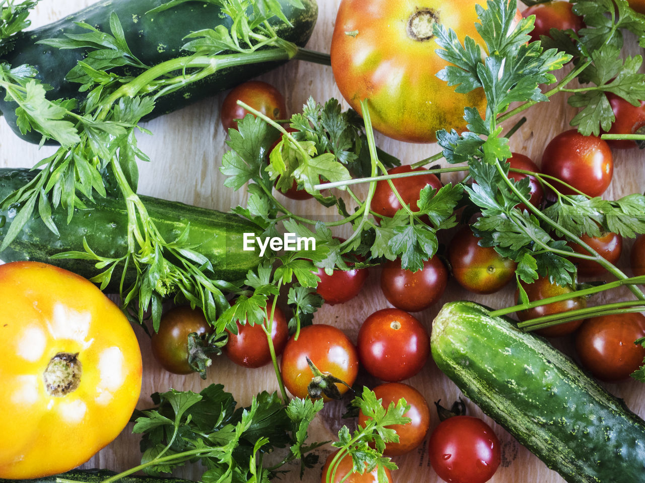 High angle view of various vegetables on table