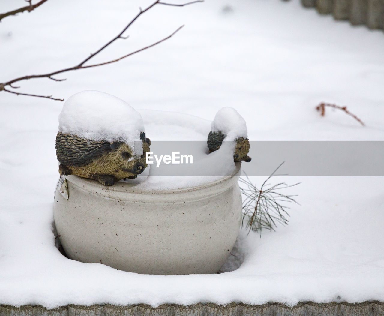 Artificial hedgehogs on pots covered with snow