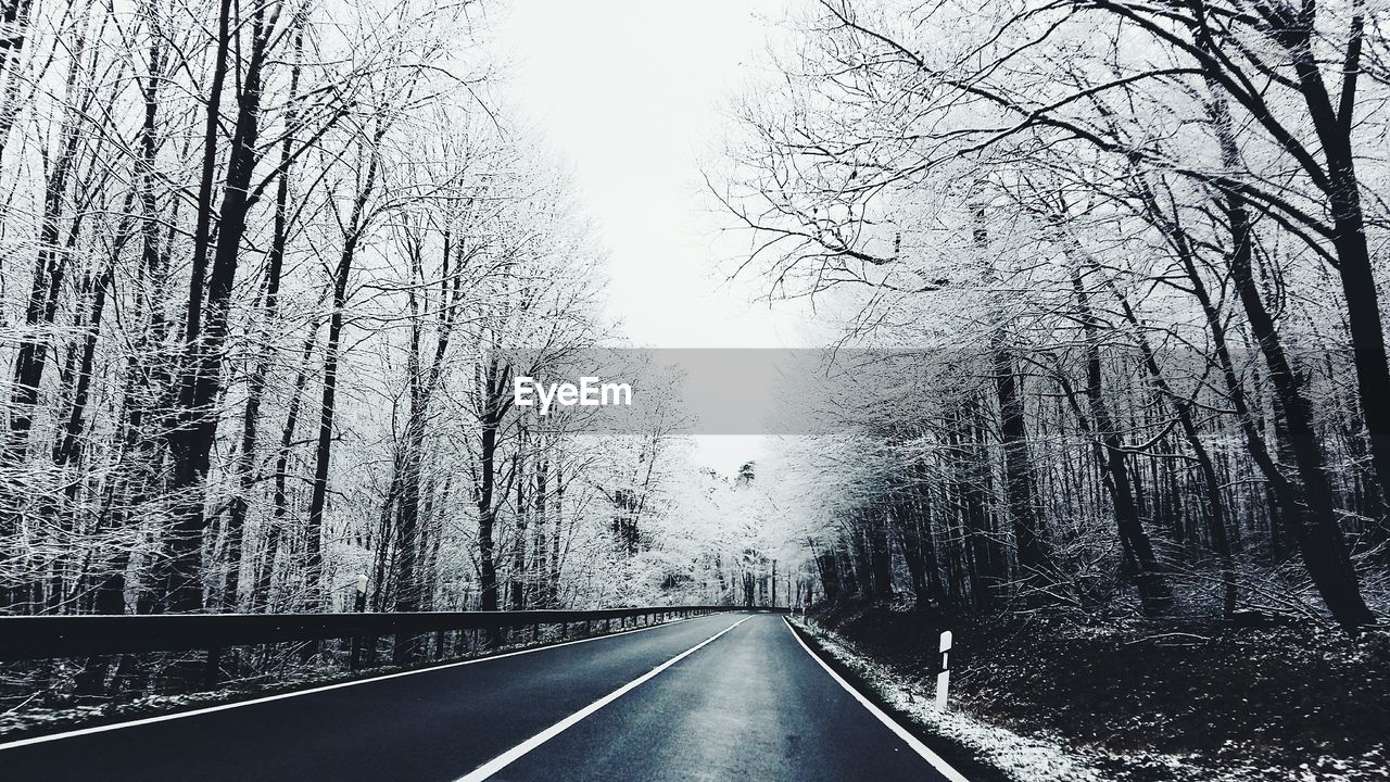 Road amidst bare trees against clear sky during winter