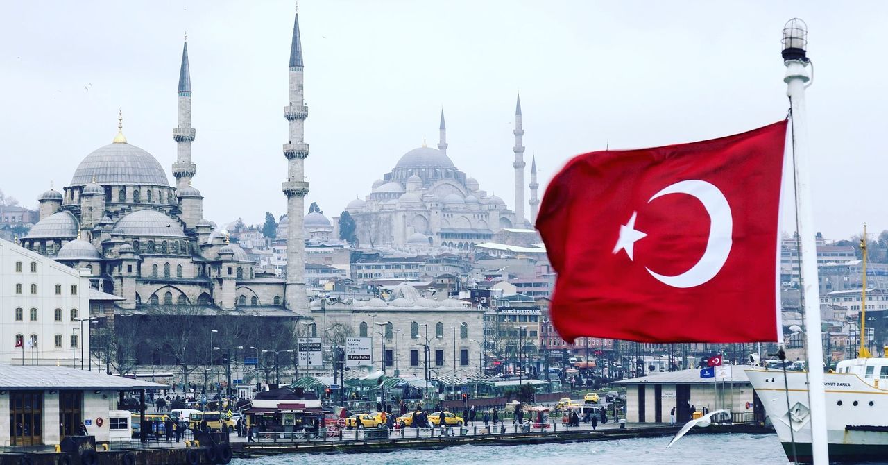 Turkish flag and blue mosque against sky in city