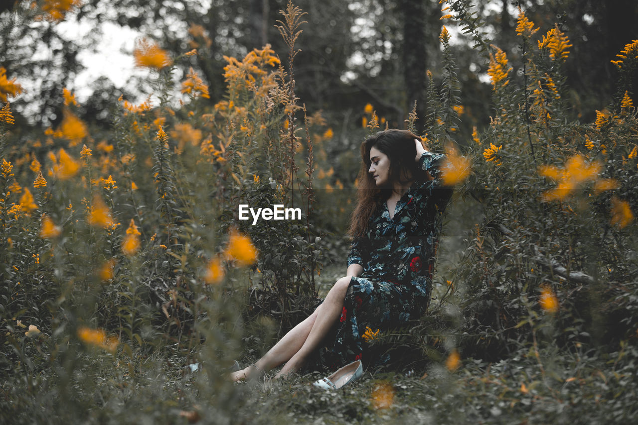 Woman sitting amidst plants in forest