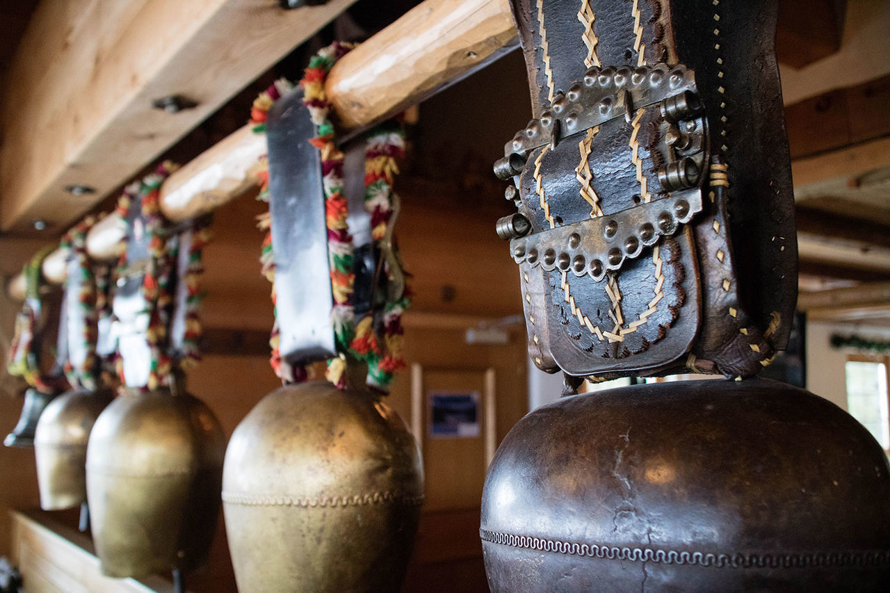 Cow bells hanging on ceiling