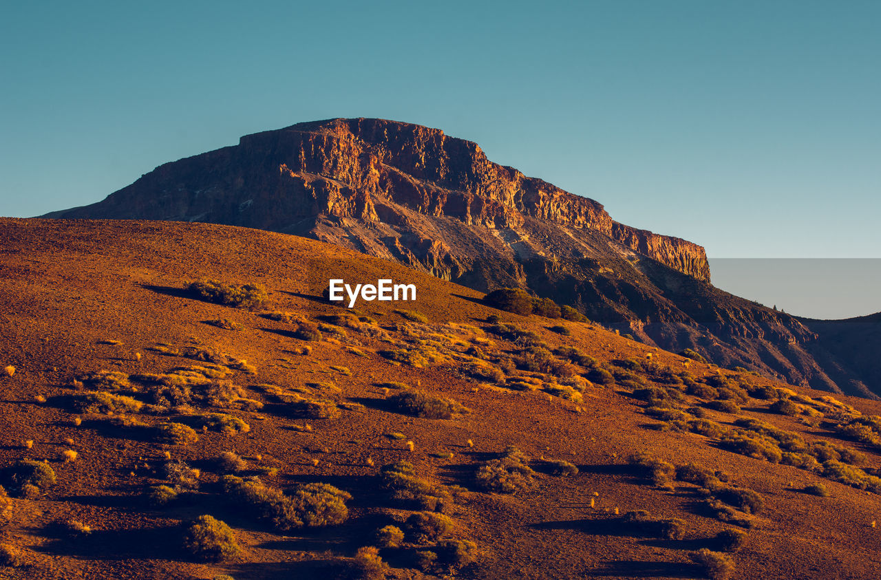 Scenic view of rocky mountains against clear sky