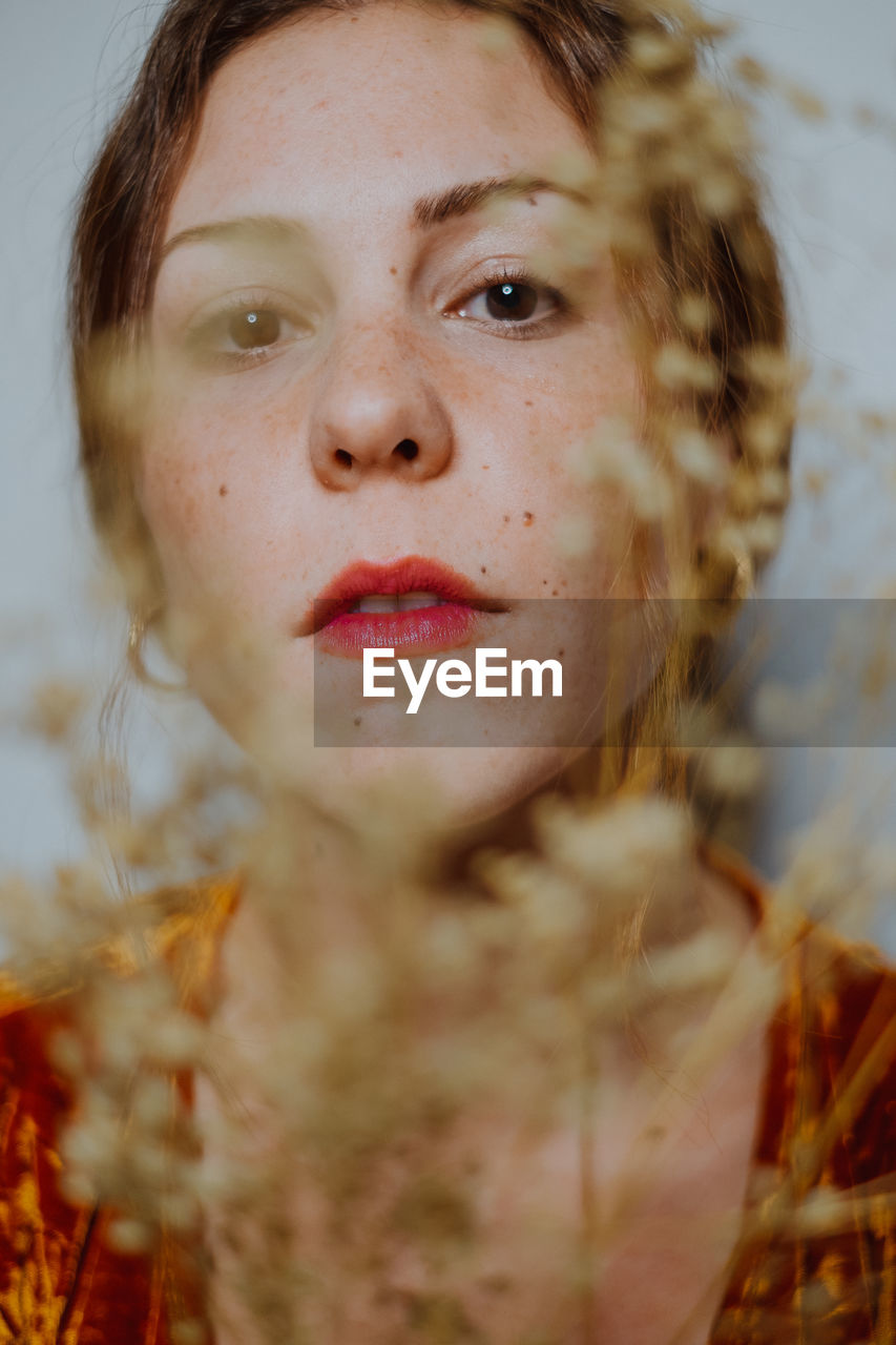 Close-up portrait of young woman seen through dried plant