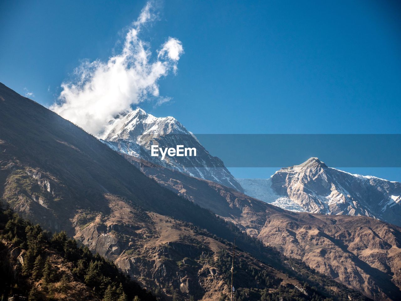Scenic view of snowcapped mountains against blue sky