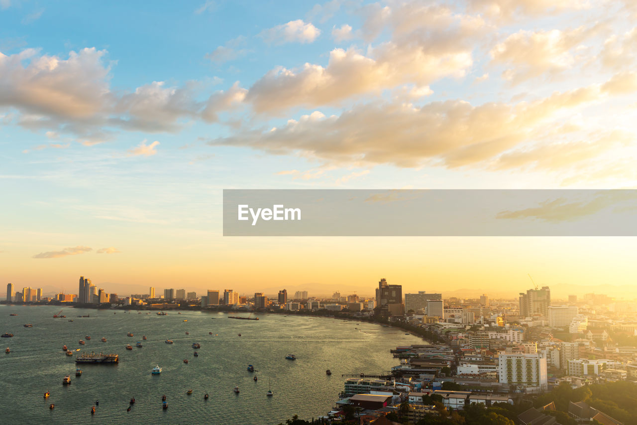 HIGH ANGLE VIEW OF CITY AGAINST CLOUDY SKY