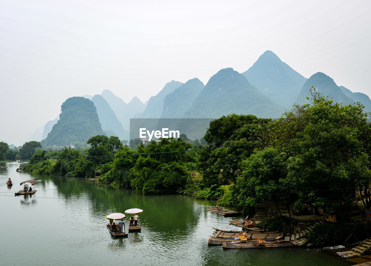Yangshuo landscape with river and rafts
