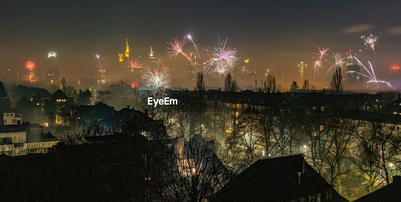 The frankfurt skyline with firework at new years eve