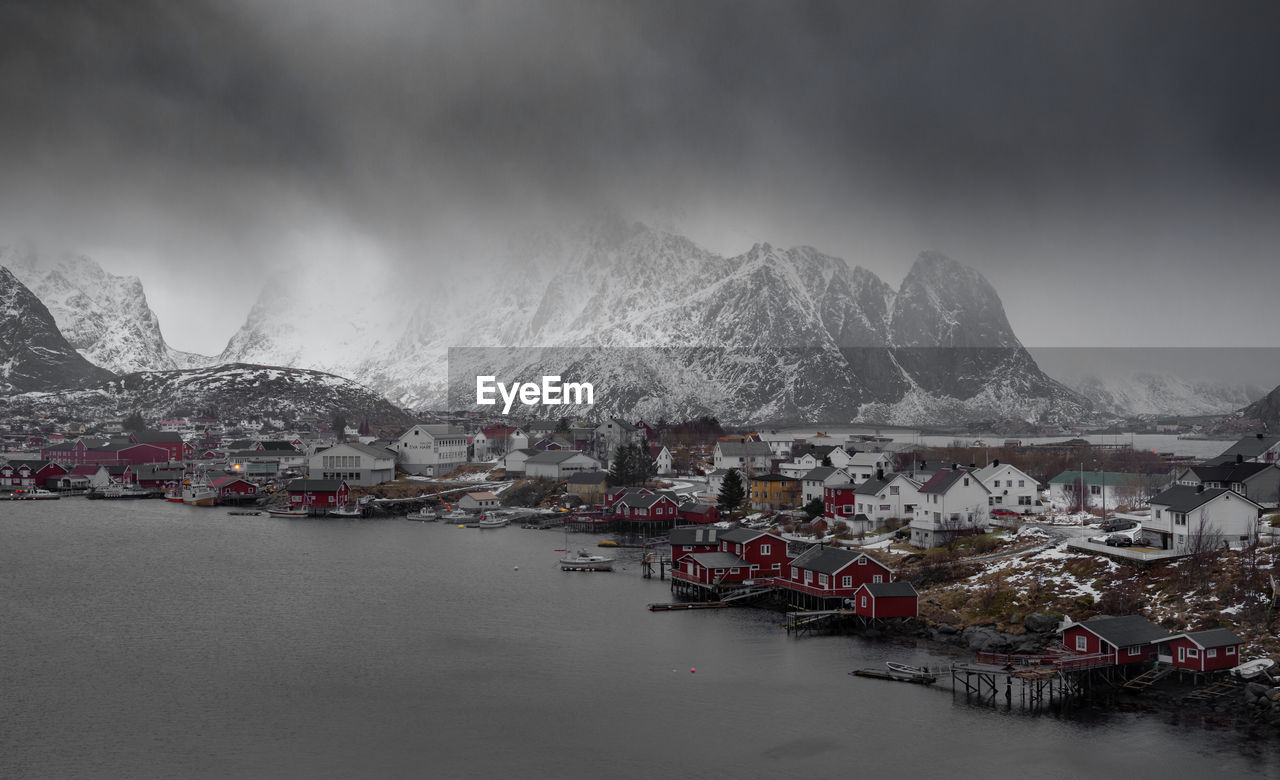 Scenic view of snowcapped mountains of reine