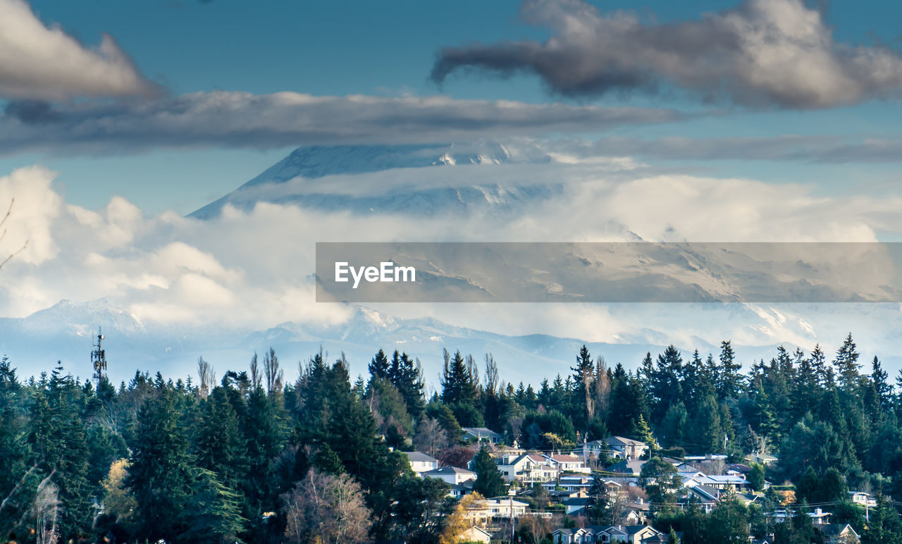 Panoramic view of trees and buildings against sky