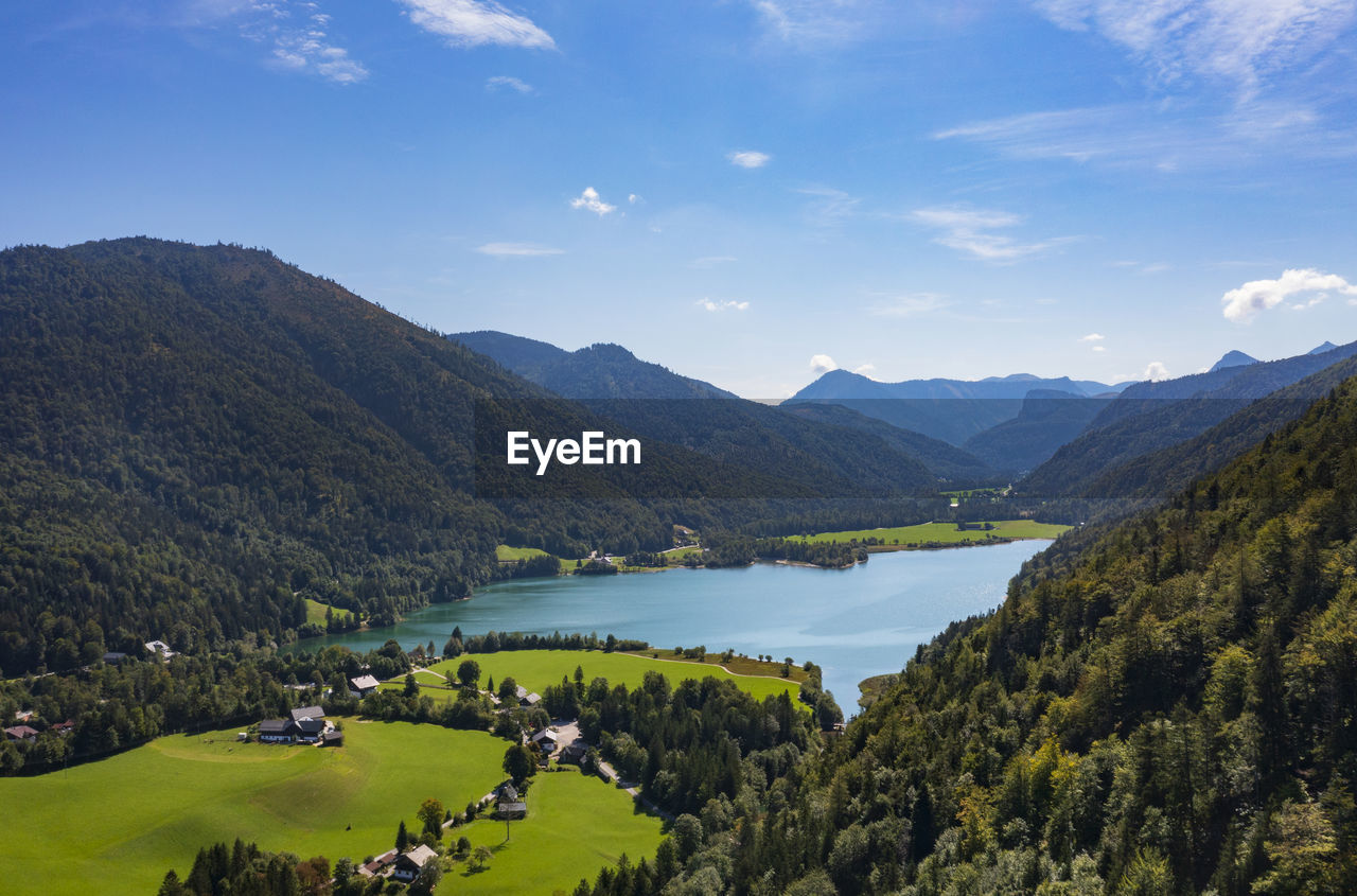 Austria, salzburger land, faistenau, drone view of lake hintersee in summer